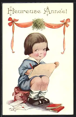 Künstler-AK Arthur Butcher: Junge schreibt einen Brief, Neujahrsgruss