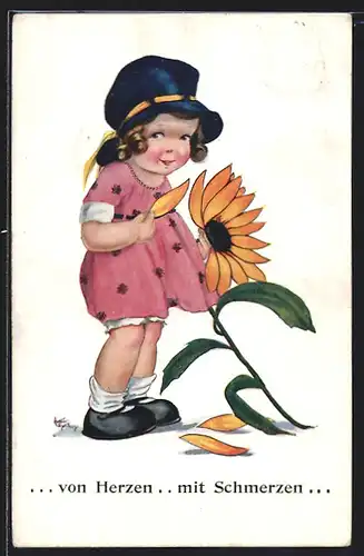 Künstler-AK Arthur Butcher: Mädchen zupft Blatt von Sonnenblume