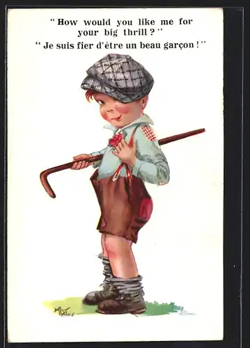 Künstler-AK Arthur Butcher: Junge mit Schiebermütze und Stock