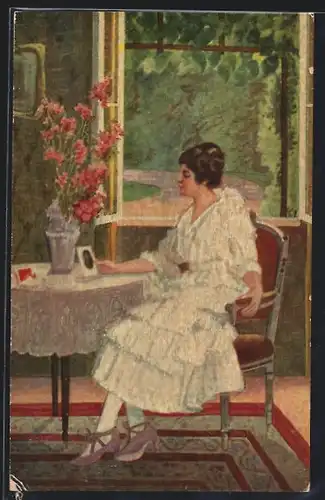 Künstler-AK Max Dutzauer: In Erinnerung, Dame mit Portrait