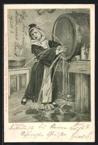 Künstler-AK Franz Doubek: Münchner Kindl beim fehlgeschlagenen Anzapfen