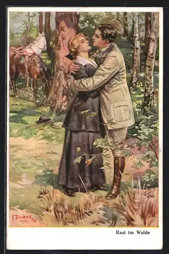 Künstler-AK Franz Doubek: Rast im Walde