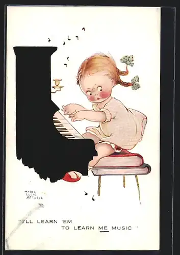 Künstler-AK M.L. Attwell: Mädchen beim Klavierspielen auf Büchern