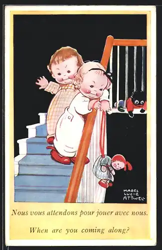 Künstler-AK Mabel Lucie Attwell: When are you coming along?, Kinder auf Treppe