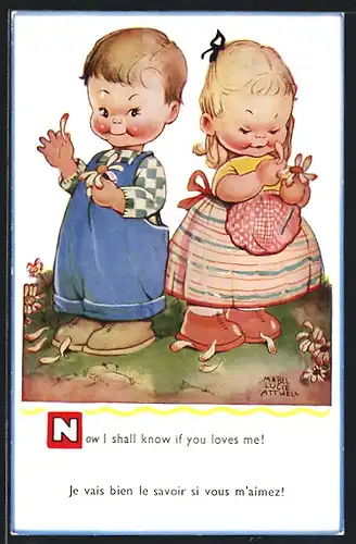 Künstler-AK M.L. Attwell: Mädchen und Junge stehen auf einer Wiese und reissen Blüten von Blumen aus