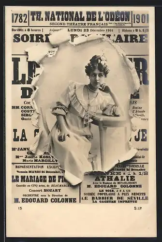 AK Zeitung mit Loch zeigt sinnierende Dame im Volantskleid