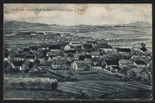 Künstler-AK Aach-Linz, Station Aach-Linz, Totalansicht