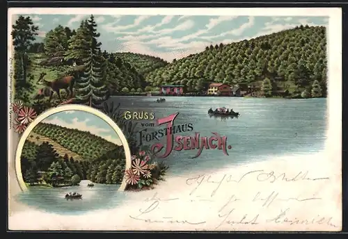 Lithographie Isenach, Gruss vom Forsthaus, Wasserpartie mit bewaldeten Hügeln im Hintergrund