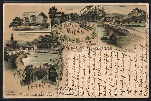 Lithographie Kreuznach, Brückenhäuser, Kurhaus und Wandelbahn