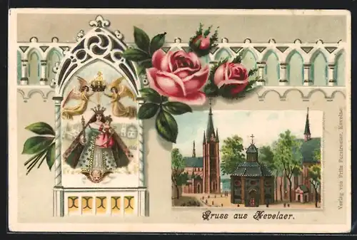 AK Kevelaer, Kirche, Heiligenbild und Rosen
