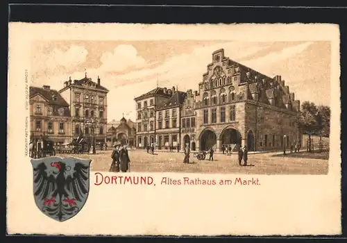 Lithographie Dortmund, Altes Rathaus am Markt, Wappen
