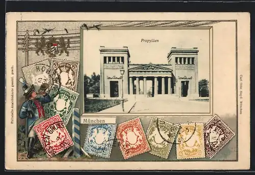 AK München, Propyläen, Briefmarken