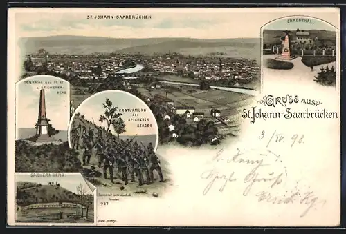 Lithographie St. Johann-Saarbrücken, Erstürmung des Spichererberges, Denkmal, Ehrental, Panorama