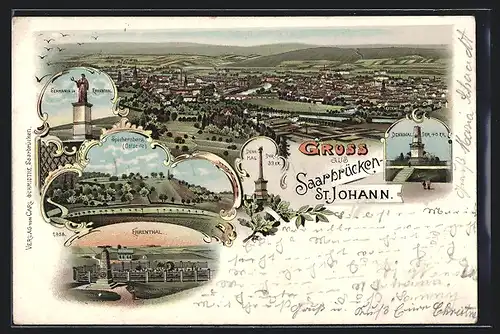 Lithographie Saarbrücken-St. Johann, Germania im Ehrenthal, Spichernberg, Denkmal der 40er