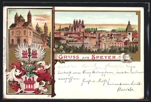 Lithographie Speyer / Rhein, Kloster, Panorama und Ortswappen