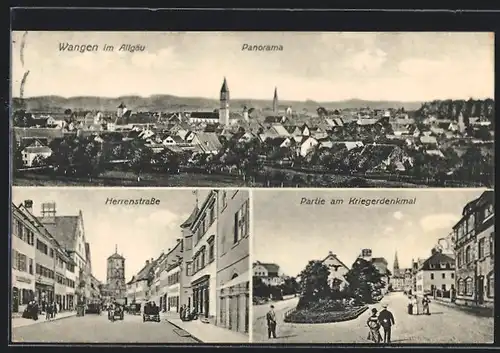 AK Wangen im Allgäu, Herrenstrasse, Partie am Kriegerdenkmal, Panorama