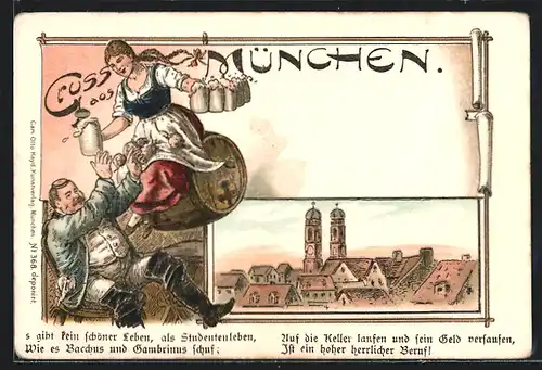 Lithographie München, Frauenkirche, Dame reicht Mann Biere