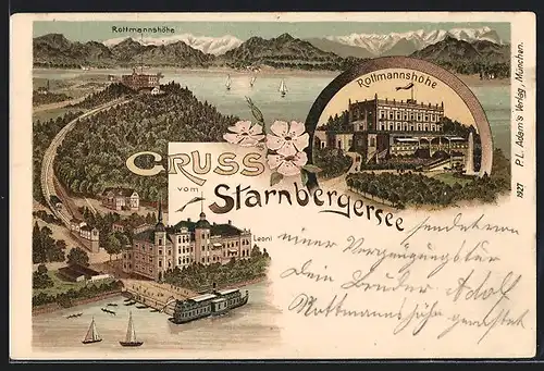 Lithographie Starnbergersee, Rottmannshöhe und Leoni