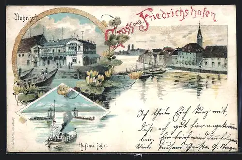 Lithographie Friedrichshafen, Bahnhof, Hafeneinfahrt, Kirche, Dampfer