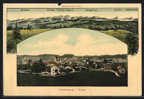 AK Lindenberg i. Allgäu, Ortsansicht mit Alpenpanorama