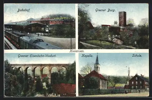AK Kreiensen, Bahnhof, Kapelle und Schule, Greener Burg
