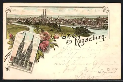 Lithographie Regensburg, Totalansicht & Domblick