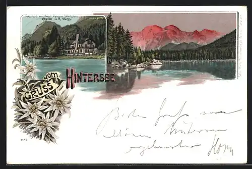 Lithographie Hintersee, Gasthof zur Post & Pension Wartstein, Uferpartie