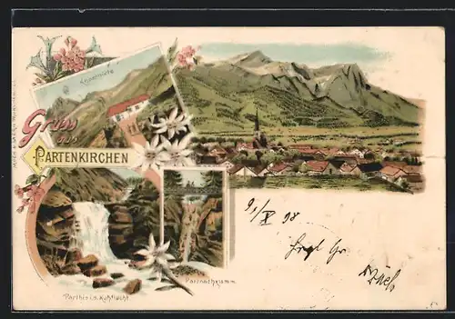 Lithographie Partenkirchen, Knorrhütte, Partnachklamm, Partie i. d. Kuhflucht