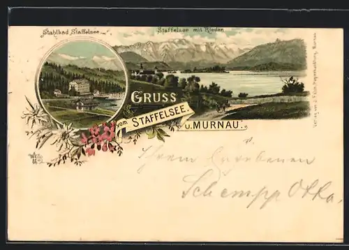 Lithographie Staffelsee u. Murnau, Stahlbad Staffelsee, Staffelsee mit Rieden