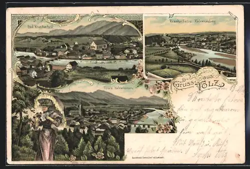 Lithographie Tölz, Bad Krankenheil, Tölz v. Kalvarienberg