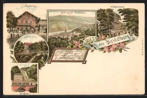 Lithographie Heidelberg, Molkenkur, Bergbahn, Wolfsbrunnen