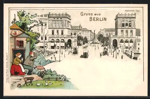 Lithographie Berlin-Kreuzberg, Hallesches Tor, Paar beobachtet die Stadt