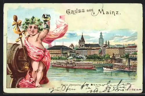 Lithographie Mainz, Dampfer vor der Stadt, Kleinkind mit Weinkrug