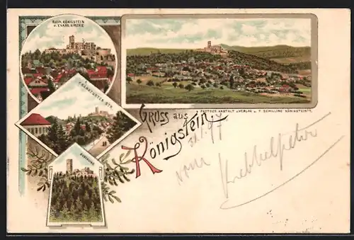 Lithographie Königstein, Burgruine, Frankfurter Strasse, Totalansicht