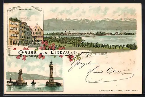 Lithographie Lindau i /Bodensee, Reichsplatz mit Geschäft und Brunnen, Hafen, Teilansicht