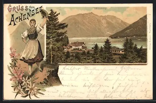Lithographie Achensee, Junge Frau in Tracht, Ortsansicht mit Seespitz