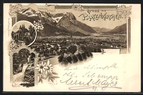 Lithographie Partenkirchen, Gesamtansicht mit Zugspitze, St. Anton & Kuhflucht