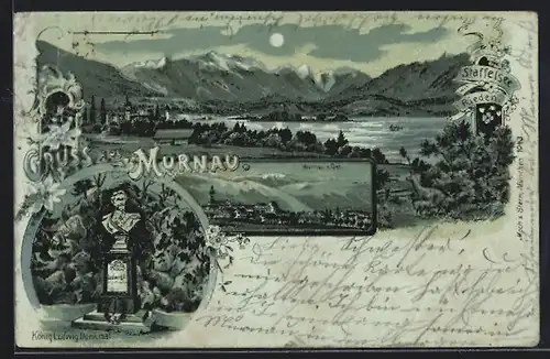 Mondschein-Lithographie Murnau, Ortsansicht, König Ludwig Denkmal