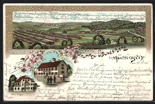Lithographie Münsingen, Ludwigshöhe, Hotel Fezer, Panorama um 1900