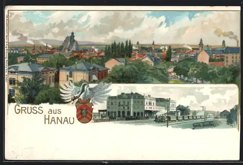 Lithographie Hanau, Bahnhof und Totale