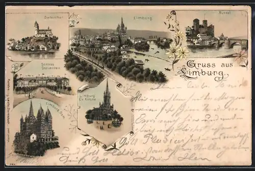 Lithographie Limburg, Totalansicht, Runkel, Schloss Oranienstein u. Dom