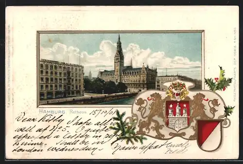 Passepartout-Lithographie Hamburg, Rathaus mit Wappen
