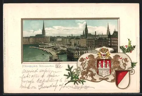 Passepartout-Lithographie Hamburg-Neustadt, Alsterpavillon mit geprägtem Wappen
