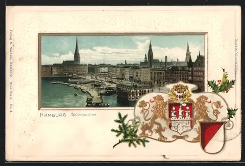 Passepartout-Lithographie Hamburg-Neustadt, Alsterpavillon mit geprägtem Wappen