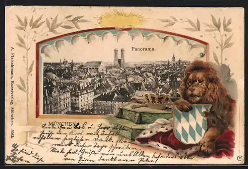 Passepartout-Lithographie München, Ortsansicht bei Tag, Wappen