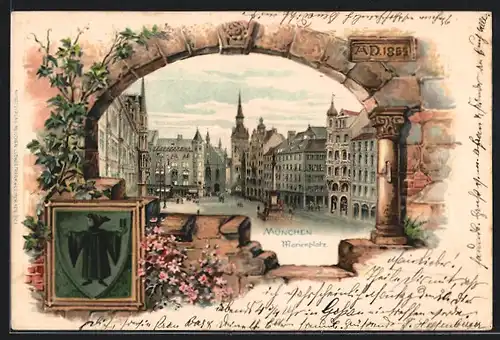 Passepartout-Lithographie München, Marienplatz mit Denkmal, Wappen