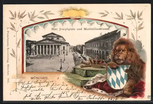 Passepartout-Lithographie München, Max Josephplatz und Maximilianstrasse, Löwe mit Wappen