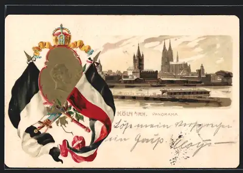 Passepartout-Lithographie Köln, Panorama mit Dom, Kaiser Wilhelm II., Reichsfahne