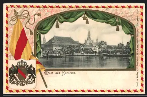 Passepartout-Lithographie Konstanz, Ortsansicht mit Dampfer, Wappen