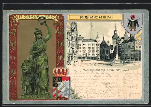 Passepartout-Lithographie München, Marienplatz mit altem Rathhaus, Wappen